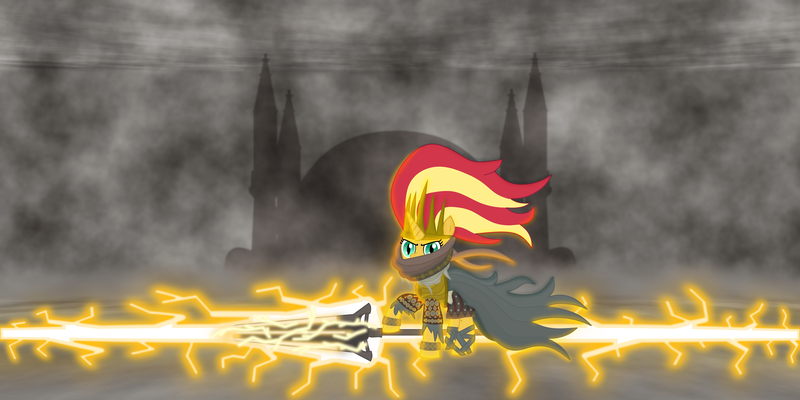 Size: 8000x4000 | Tagged: safe, artist:wallbeige, ponerpics import, sunset shimmer, unicorn, archdragon peak, bracelet, cape, clothes, cloud, crown, dark souls, dark souls 3, dragon eyes, headcanon in the description, image, jewelry, leg wraps, lightning, nameless king, parent:princess celestia, png, regalia, scarf, solo, spear, sword, swordspear, warrior of sunlight, weapon, wind, windswept mane