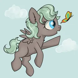 Size: 2832x2816 | Tagged: safe, artist:dumbwoofer, derpibooru import, oc, oc:forest air, butterfly, insect, pegasus, pony, chest fluff, cloud, ear fluff, female, filly, flying, foal, image, open mouth, png, reaching, sky, solo