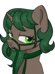 Size: 3001x4000 | Tagged: safe, artist:dumbwoofer, derpibooru import, oc, oc:pine shine, pony, unicorn, bedroom eyes, bridle, bust, collar, ear fluff, female, horn, image, leash, looking at you, mare, mouth hold, png, simple background, solo, tack, transparent background