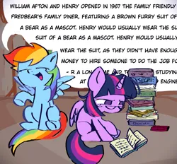 Size: 1023x951 | Tagged: safe, artist:krabling, derpibooru import, twilight sparkle, twilight sparkle (alicorn), alicorn, pegasus, pony, book, dialogue, duo, duo female, female, five nights at freddy's, glasses, image, mare, open mouth, open smile, png, reading, sitting, smiling, speech bubble, spread wings, text, twilight sparkle is not amused, unamused, wall of text, wings