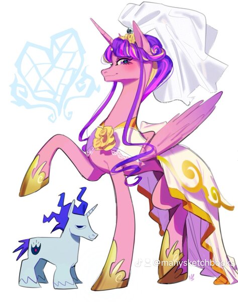 Size: 1274x1614 | Tagged: safe, artist:manysketchbooks, derpibooru import, princess cadance, shining armor, alicorn, pony, unicorn, clothes, dress, duo, female, g4, height difference, hoof shoes, horn, image, jpeg, male, mare, meme, ship:shiningcadance, shipping, size difference, stallion, straight, the bride and the ugly ass groom, unshorn fetlocks, veil, wedding dress, wedding veil