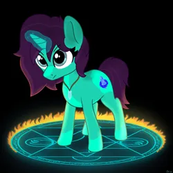 Size: 3200x3200 | Tagged: safe, artist:harmonicglow, derpibooru import, oc, oc:lexicon, unofficial characters only, pony, unicorn, crystal, female, fire, horn, image, jewelry, magic, mare, necklace, png, transmutation circle