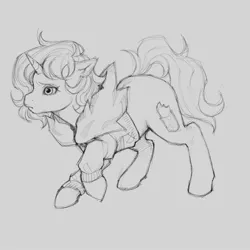 Size: 2048x2048 | Tagged: safe, artist:chochuki, derpibooru import, oc, unofficial characters only, pony, unicorn, g1, black and white, clothes, female, g1 oc, gray background, grayscale, horn, image, jacket, jpeg, mare, monochrome, simple background, sketch, solo