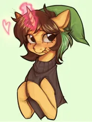 Size: 3000x4000 | Tagged: safe, artist:chochuki, derpibooru import, oc, unofficial characters only, earth pony, pony, clothes, floating heart, green background, hat, heart, image, jpeg, magic, simple background, sleeveless, sleeveless sweater, solo, sweater, tongue out