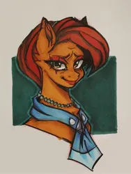 Size: 1542x2048 | Tagged: safe, artist:chochuki, derpibooru import, stellar flare, earth pony, pony, abstract background, ear fluff, female, g4, image, jewelry, jpeg, mare, necklace, solo, traditional art