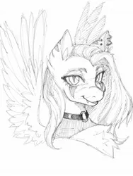 Size: 1536x2048 | Tagged: safe, artist:chochuki, derpibooru import, ponified, pegasus, pony, bust, chest fluff, choker, ear piercing, earring, facial markings, fang (goodbye volcano high), fangs, goodbye volcano high, image, jewelry, jpeg, nonbinary, piercing, slit pupils, solo