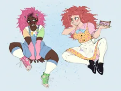 Size: 2348x1778 | Tagged: safe, artist:chochuki, derpibooru import, pinkie pie, human, arm warmers, blackwashing, bloomers, blushing, bowtie, cake, clothes, cutie mark, cutie mark on clothes, dark skin, dress, duo, female, food, frizzy hair, g4, hairclip, humanized, image, jpeg, kneesocks, mismatched shoes, overalls, self paradox, shoes, sitting, skirt, sneakers, socks, sticker, thigh socks, upskirt