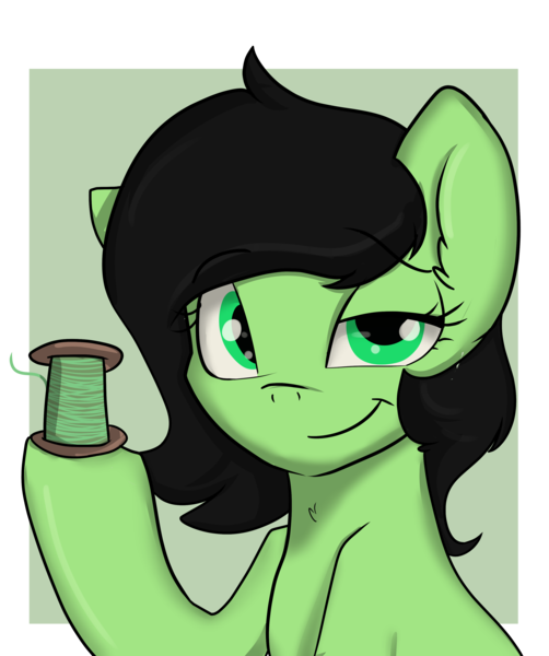 Size: 3001x3584 | Tagged: safe, artist:dumbwoofer, derpibooru import, oc, oc:anonfilly, earth pony, pony, 2021, bust, chest fluff, ear fluff, female, filly, foal, holding, image, looking at you, png, simple background, smiling, smiling at you, smirk, solo, spool, thread, transparent background