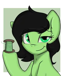 Size: 3001x3584 | Tagged: safe, artist:dumbwoofer, derpibooru import, oc, oc:anonfilly, earth pony, pony, 2021, bust, chest fluff, ear fluff, female, filly, foal, holding, image, looking at you, png, simple background, smiling, smiling at you, smirk, solo, spool, thread, transparent background