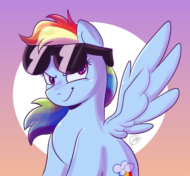 Size: 3000x2783 | Tagged: safe, alternate version, artist:flutterpawss, derpibooru import, rainbow dash, pegasus, pony, bust, female, g4, gradient background, high res, image, jpeg, looking at you, mare, smiling, smiling at you, smirk, solo, spread wings, sunglasses, sunglasses on head, wings