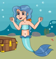 Size: 889x932 | Tagged: safe, artist:ocean lover, derpibooru import, petunia paleo, human, mermaid, starfish, bandeau, bare shoulders, belly, belly button, blue eyes, blue hair, bow, bubble, child, coral, cute, excited, female, fins, fish tail, hair bow, happy, human coloration, humanized, image, mermaid tail, mermaidized, mermay, ms paint, open mouth, png, ponytail, smiling, solo, solo female, species swap, tail, tail fin, treasure chest, two toned hair, underwater, water