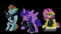 Size: 1920x1080 | Tagged: safe, artist:skylinepony_, derpibooru import, fluttershy, rainbow dash, twilight sparkle, twilight sparkle (alicorn), alicorn, pegasus, pony, black background, clothes, electric guitar, emo, eyes closed, female, g4, guitar, horn, image, jpeg, keyboard, meme, microphone, musical instrument, my chemical romance, piano, sad, simple background, singing, sitting, spread wings, we're emo, wings