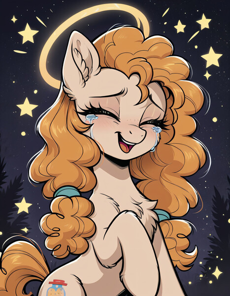 Size: 1792x2304 | Tagged: prompter needed, safe, ai content, derpibooru import, machine learning generated, stable diffusion, pear butter, earth pony, pony, chest fluff, crying, cute, ear fluff, eyes closed, female, g4, halo, image, jpeg, mare, night, night sky, open mouth, open smile, outdoors, pearabetes, raised hoof, sky, smiling, solo, stars, tears of joy, upper body