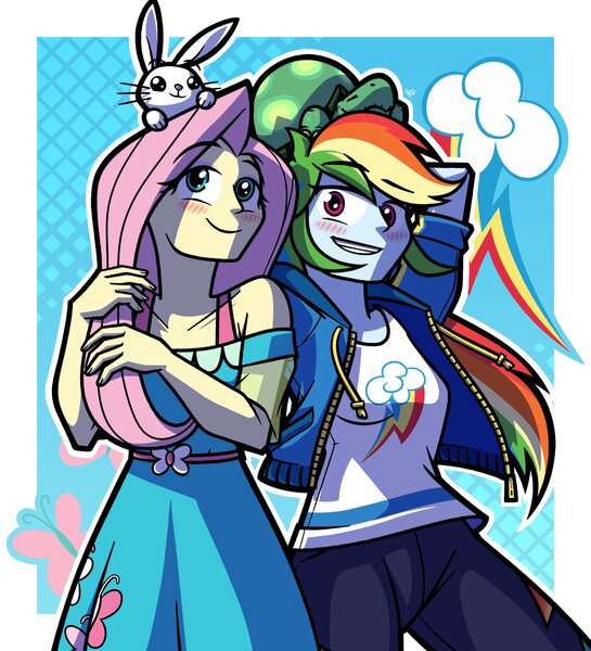 Size: 2000x2200 | Tagged: safe, artist:rahkshichao, derpibooru import, angel bunny, fluttershy, rainbow dash, tank, human, rabbit, tortoise, equestria girls, animal, female, g4, grin, image, jpeg, male, my little pony equestria girls: better together, outline, passepartout, smiling, white outline