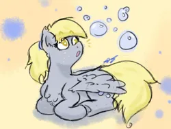 Size: 800x600 | Tagged: safe, artist:aj flame ss6, derpibooru import, derpy hooves, pegasus, pony, :o, bubble, doodle, emanata, eyebrows, eyebrows visible through hair, female, g4, image, looking up, lying down, mare, open mouth, png, ponyloaf, ponytail, prone, signature, solo, solo female
