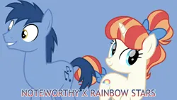 Size: 1920x1080 | Tagged: safe, artist:cheezedoodle96, artist:cloudy glow, derpibooru import, edit, editor:jaredking779, blues, noteworthy, rainbow stars, earth pony, pony, unicorn, background pony, blue background, bow, female, g4, hair bow, horn, image, jpeg, male, mare, shipping, simple background, stallion, starworthy, straight