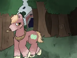 Size: 2160x1620 | Tagged: safe, artist:felixmcfurry, derpibooru import, big macintosh, earth pony, desaturated, feral, forest, forest background, image, male, nature, no mouth, png, redesign, short tail, solo, solo focus, solo male, sweet apple acres, tail, tree, unshorn fetlocks