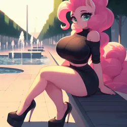 Size: 1024x1024 | Tagged: safe, ai content, derpibooru import, machine learning generated, pinkie pie, anthro, earth pony, adorasexy, bare shoulders, bench, big breasts, breasts, busty pinkie pie, clothes, curvy, cute, female, fountain, high heels, hourglass figure, huge breasts, image, looking at you, midriff, png, prompter:horselover fat, sexy, shoes, sitting, smiling, smiling at you, solo, tree