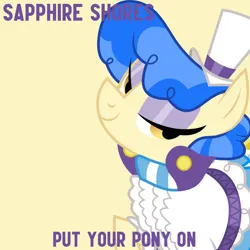 Size: 1000x1000 | Tagged: safe, artist:dashiesparkle, derpibooru import, edit, editor:jaredking779, sapphire shores, earth pony, pony, for whom the sweetie belle toils, season 4, album cover, clothes, eyeshadow, female, g4, hat, image, jpeg, looking at you, makeup, mare, raised hoof, simple background, smiling, solo, yellow background