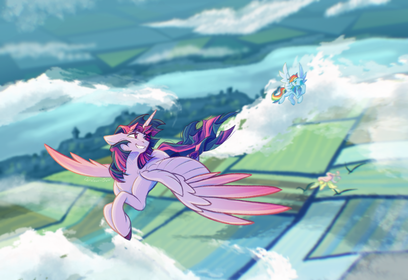 Size: 1575x1080 | Tagged: safe, artist:cerulean-crow, derpibooru import, fluttershy, rainbow dash, twilight sparkle, twilight sparkle (alicorn), alicorn, pegasus, pony, female, floppy ears, flying, g4, grin, high angle, image, mare, open mouth, open smile, png, signature, smiling, solo focus, spread wings, turned head, wind, windswept mane, wings