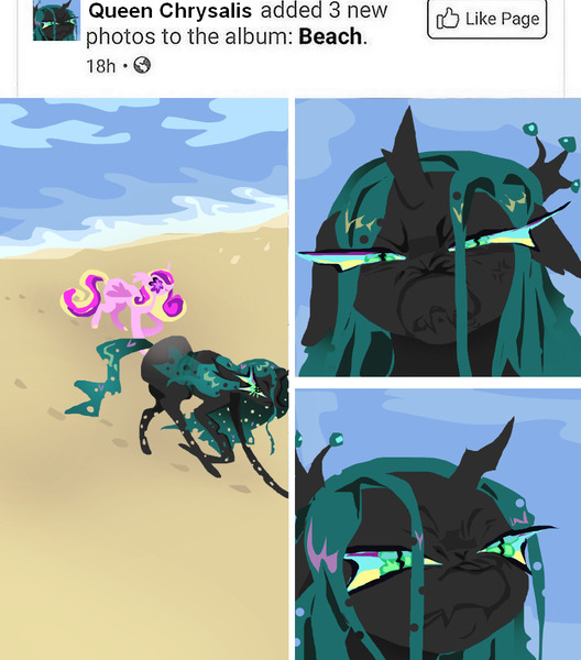 Size: 853x970 | Tagged: safe, artist:larvaecandy, derpibooru import, princess cadance, queen chrysalis, alicorn, changeling, changeling queen, pony, angry, beach, black coat, changeling horn, colored, colored hooves, colored sclera, colored wings, cross-popping veins, curly mane, curly tail, duo, duo female, ear fluff, emanata, facebook, female, floppy ears, folded wings, frown, g4, green mane, green tail, height difference, hoofprints, horn, image, insect wings, jpeg, lidded eyes, lineless, long legs, long mane, long tail, looking at you, mare, meme, meme redraw, multicolored mane, multicolored tail, narrowed eyes, ocean, outdoors, photoset, pink coat, pink eyes, purple sclera, queen chrysalis is not amused, sand, scowl, shiny mane, shiny tail, slender, small horn, smiling, solo focus, straight mane, straight tail, tail, teal sclera, text, thin, thin legs, unamused, unicorn horn, walking, water, wingding eyes, wings