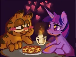Size: 376x283 | Tagged: safe, artist:applepums, derpibooru import, part of a set, twilight sparkle, cat, pony, unicorn, arm around back, blushing, candle, candlelight, candlelight dinner, colored, crack shipping, crossover, crossover shipping, cursed image, dinner, duo, duo male and female, eyelashes, female, floating heart, food, g4, garfield, garfield (character), garfield x twilight sparkle, heart, horn, image, jpeg, lasagna, looking at each other, looking at someone, male, multicolored mane, narrowed eyes, pasta, purple coat, purple eyes, shiny eyes, shipping, sitting, smiling, smiling at each other, straight, straight mane, table, unicorn horn, unicorn twilight, unshorn fetlocks