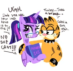Size: 497x481 | Tagged: safe, artist:applepums, derpibooru import, part of a set, twilight sparkle, twilight sparkle (alicorn), alicorn, cat, pony, arm around back, blushing, candle, choker, clothes, colored, crack shipping, crossover, crossover shipping, dialogue, duo, duo male and female, eyelashes, female, fingerless gloves, flat colors, folded wings, g4, garfield, garfield (character), garfield x twilight sparkle, glasses, gloves, holding book, horn, image, looking at each other, looking at someone, looking back, male, multicolored mane, narrowed eyes, png, ponytail, purple coat, purple eyes, shiny eyes, shipping, simple background, smiling, smiling at each other, speech bubble, spiked choker, straight, straight mane, talking, text, tied mane, unicorn horn, unshorn fetlocks, white background, wings
