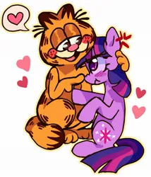 Size: 1593x1857 | Tagged: safe, artist:applepums, derpibooru import, part of a set, twilight sparkle, pony, unicorn, blushing, crack shipping, cross-popping veins, crossover, crossover shipping, duo, duo male and female, emanata, female, floating heart, g4, garfield x twilight sparkle, heart, holding, holding a pony, horn, image, jpeg, looking at each other, looking at someone, male, mare, multicolored mane, multicolored tail, pouting, purple coat, purple eyes, raised hoof, raised hooves, shiny eyes, shipping, simple background, sitting, smiling at someone, speech bubble, straight, straight mane, straight tail, tail, unicorn twilight, white background