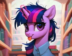 Size: 4096x3200 | Tagged: safe, ai content, derpibooru import, machine learning generated, prompter:sipuxa, stable diffusion, twilight sparkle, pony, unicorn, clothes, g4, generator:pony diffusion v6 xl, generator:purplesmart.ai, glow, glowing horn, horn, image, jpeg, library, magic, magic aura, solo, tongue out