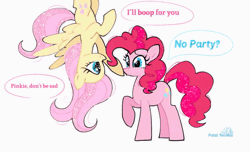Size: 650x394 | Tagged: safe, alternate version, artist:petaltwinkle, derpibooru import, fluttershy, pinkie pie, earth pony, pegasus, pony, animated, big eyes, blue eyes, boop, curly mane, curly tail, cute, dialogue, diapinkes, duo, duo female, eyelashes, eyestrain warning, female, frown, g4, gif, glitter, hanging, hanging upside down, image, long mane, long tail, nose wrinkle, noseboop, pink coat, pink mane, pink tail, pouting, raised hoof, shyabetes, signature, simple background, sparkles, speech bubble, spread wings, standing, tail, talking, teal eyes, teary eyes, text, upside down, wavy mane, wavy tail, white background, wingding eyes, wings, yellow coat