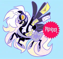 Size: 1549x1432 | Tagged: safe, artist:janegumball, derpibooru import, derpy hooves, pegasus, pony, alternate timeline, bag, blue background, colored eyelashes, colored pupils, colored sclera, colored teeth, colored wings, colored wingtips, derp, enamel pin, eternal night au (janegumball), ethereal mane, ethereal tail, evil grin, eyelashes, fangs, female, flying, for sale, g4, grin, helmet, hoof shoes, image, jewelry, jpeg, large wings, letter, long mane, long tail, mailbag, mailmare, mare, multicolored mane, multicolored tail, narrowed eyes, nightmare derpy, nightmare takeover timeline, nightmarified, no catchlights, orange eyes, pin design, preorder, princess shoes, purple eyelashes, raised hoof, raised hooves, regalia, sharp teeth, simple background, smiling, solo, spiky mane, spread wings, tail, teeth, text, two toned wings, wavy tail, white text, wings, yellow sclera, yellow teeth
