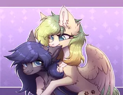 Size: 3120x2403 | Tagged: safe, artist:viryav, derpibooru import, oc, unofficial characters only, bat pony, fluffy pony, pegasus, pony, bat pony oc, bat wings, biting, blushing, commission, cute, cutie mark, ear piercing, embarrassed, embarrassed grin, female, fluffy, gradient background, hug, image, mare, pegasus oc, piercing, png, simple background, smiling, wingding eyes, wings