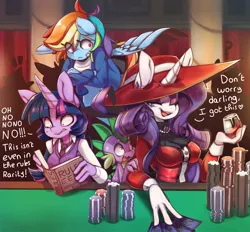 Size: 1992x1850 | Tagged: safe, artist:honowyn, derpibooru import, rainbow dash, rarity, spike, twilight sparkle, anthro, dragon, pegasus, unicorn, alcohol, book, breasts, casino, dialogue, glass, horn, image, playing card, png, poker, poker chips, unicorn twilight, wine, wine glass