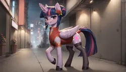 Size: 2672x1536 | Tagged: safe, ai content, derpibooru import, machine learning assisted, machine learning generated, prompter:oranzinispegasiukas, stable diffusion, twilight sparkle, twilight sparkle (alicorn), alicorn, pony, alternate hairstyle, blushing, cigarette, clothes, dress, female, flower, flower in hair, g4, generator:pony diffusion v6 xl, image, mare, png, socks, tail, tail wrap, thigh highs