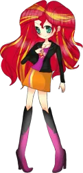 Size: 563x1167 | Tagged: safe, derpibooru import, sunset shimmer, human, 2000s anime art, anime, boots, clothes, female, humanized, image, jacket, png, shirt, shoes, skirt, solo