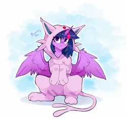 Size: 1280x1206 | Tagged: safe, artist:buvanybu, derpibooru import, twilight sparkle, twilight sparkle (alicorn), alicorn, espeon, pony, abstract background, clothes, costume, female, image, jpeg, looking at you, mare, onesie, pokémon, spread wings, wings