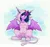 Size: 1280x1206 | Tagged: safe, artist:buvanybu, derpibooru import, twilight sparkle, twilight sparkle (alicorn), alicorn, espeon, pony, abstract background, clothes, costume, female, image, jpeg, looking at you, mare, onesie, pokémon, spread wings, wings