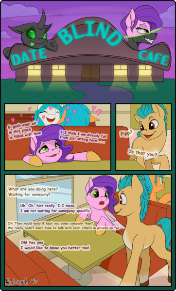 Size: 1940x3212 | Tagged: safe, artist:rubiont, derpibooru import, hitch trailblazer, pipp petals, changeling, pegasus, pony, g5, art pack, blind date cafe comic, cafe, comic, date, disguise, disguised changeling, female, heart, image, love, male, mare, png, shapeshifting, stallion