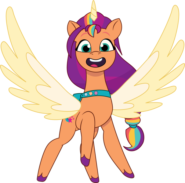 Size: 1359x1346 | Tagged: safe, artist:prixy05, derpibooru import, sunny starscout, alicorn, earth pony, pony, g5, my little pony: a new generation, my little pony: tell your tale, female, image, mane stripe sunny, mare, open mouth, png, race swap, satchel, simple background, solo, spread wings, sunnycorn, transparent background, vector, wings