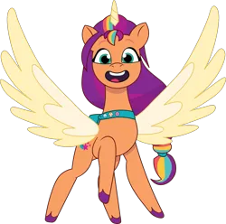 Size: 1359x1346 | Tagged: safe, artist:prixy05, derpibooru import, sunny starscout, alicorn, earth pony, pony, g5, my little pony: a new generation, my little pony: tell your tale, female, image, mane stripe sunny, mare, open mouth, png, race swap, satchel, simple background, solo, spread wings, sunnycorn, transparent background, vector, wings