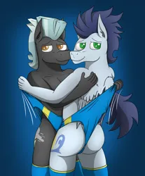 Size: 4124x4991 | Tagged: suggestive, artist:tacomytaco, derpibooru import, soarin', thunderlane, anthro, pegasus, bedroom eyes, briefs, clothes, gay, gradient background, hand, hug, image, looking at you, male, png, shipping, soarilane, socks, speedo, standing, stockings, thigh highs, tugging, underwear, wedgie, wedgie hug
