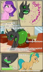 Size: 1940x3212 | Tagged: suggestive, artist:rubiont, derpibooru import, hitch trailblazer, pipp petals, oc, oc:rune chisel, oc:triksa, changeling, pegasus, pony, g5, abdominal bulge, art pack, belly, big belly, blind date cafe comic, bulges, burp, cafe, changeling magic, comic, date, disguise, disguised changeling, drool, drool string, female, heart, hypnosis, image, love, lying down, magic, male, mare, mawshot, open mouth, png, prone, shapeshifting, sloshing belly, smug, stallion, stomach, stomach noise, throat bulge, vore, willing prey