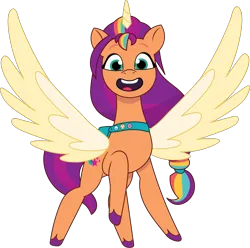Size: 1359x1346 | Tagged: safe, artist:prixy05, derpibooru import, sunny starscout, alicorn, earth pony, pony, g5, my little pony: a new generation, my little pony: tell your tale, female, image, mane stripe sunny, mare, open mouth, png, race swap, satchel, simple background, solo, spread wings, sunnycorn, transparent background, vector, wings