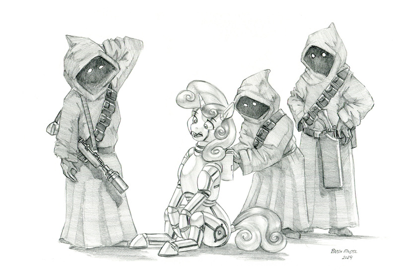 Size: 1600x1096 | Tagged: safe, artist:baron engel, derpibooru import, sweetie belle, pony, robot, robot pony, unicorn, horn, image, jawa, jpeg, monochrome, pencil drawing, star wars, sweetie bot, traditional art