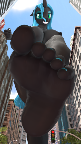 Size: 2160x3840 | Tagged: questionable, artist:gamerguy44, queen chrysalis, anthro, changeling, changeling queen, plantigrade anthro, 3d, big breasts, breasts, building, busty queen chrysalis, city, evil grin, feet, female, fetish, foot fetish, foot focus, grin, horn, image, looking at you, macro, macro/micro, offscreen character, png, pov, sky, smiling, solo, source filmmaker, stomping, tail