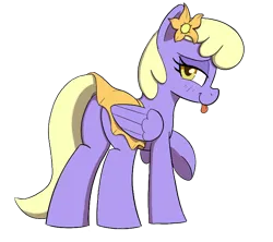 Size: 738x654 | Tagged: safe, artist:maretian, ponerpics import, orange blossom, prim posy, pegasus, pony, blushing, clothes, female, flower, image, lidded eyes, looking at you, looking back, mare, png, raised hoof, skirt, tongue out