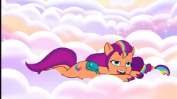 Size: 1286x720 | Tagged: safe, derpibooru import, screencap, sunny starscout, earth pony, pony, g5, my little pony: tell your tale, spoiler:g5, spoiler:my little pony: tell your tale, spoiler:tyts02e12, cloud, dizzy, image, mane stripe sunny, png, where the rainbows are made