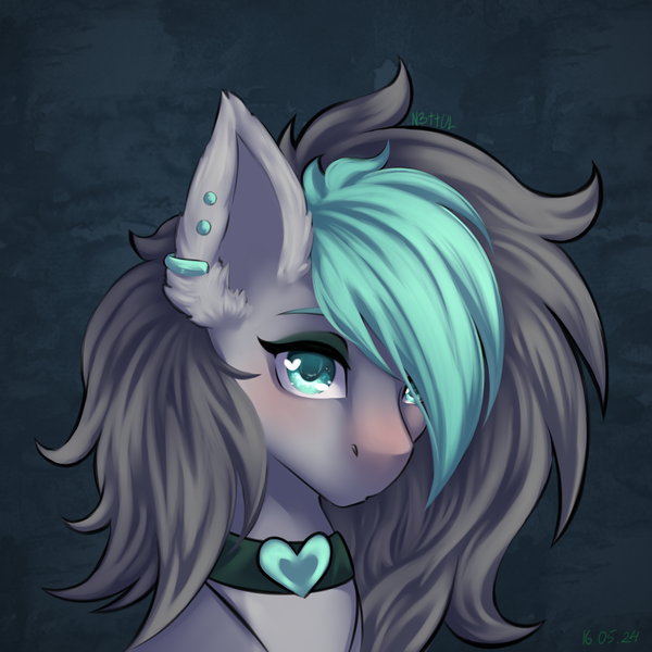Size: 2500x2500 | Tagged: safe, artist:n3tt0l, derpibooru import, oc, unofficial characters only, earth pony, pony, blue eyes, blushing, bust, choker, dark background, ear fluff, ear piercing, earring, gift art, gray mane, grey hair, image, jewelry, looking at you, makeup, piercing, png, portrait, shiny eyes, solo