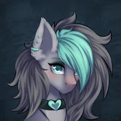 Size: 2500x2500 | Tagged: safe, artist:n3tt0l, derpibooru import, oc, unofficial characters only, earth pony, pony, blue eyes, blushing, bust, choker, dark background, ear fluff, ear piercing, earring, gift art, gray mane, grey hair, image, jewelry, looking at you, makeup, piercing, png, portrait, shiny eyes, solo
