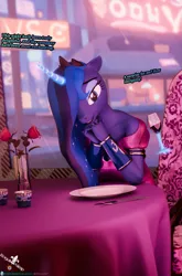 Size: 2365x3576 | Tagged: safe, artist:royalsimp, derpibooru import, princess luna, alicorn, anthro, alcohol, armor, candle, chair, clothes, dinner, dress, evening, female, flower, glass, glow, image, magic, png, rose, slipping dress, solo, solo female, table, window, wine, wine glass